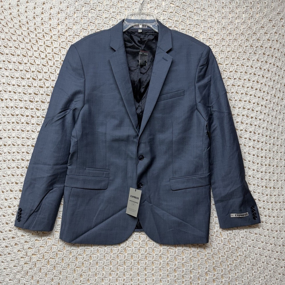 Express Blazer Mens 44R Blue Wool Photographer Fitted Suit Jacket NWT